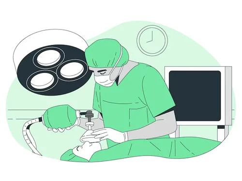 Image of a live Operation Theatre(OT) with doctors and supporting staffs in there professional blue colour doctor's dress.